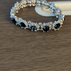 Silver Tennis Bracelet, Black Round Stones, Prong Setting, Fashion Jewelry