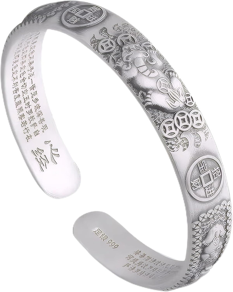 999 Sterling Silver Feng Shui Pixiu Bracelet, Adjustable Pi Xiu Mantra Fortune P