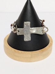 Silver Tone Hammered Sideways Cross Bracelet With Faux Leather/Pearls 6 1/2″