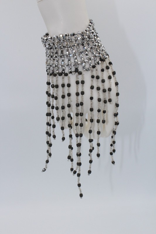 Black & Silver Beaded Tassel Elastic Cuff Bracelet Statement Jewelry gallery