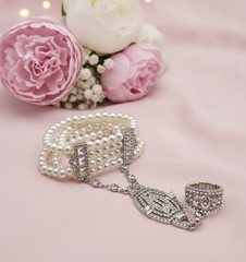 Vintage Faux Pearl Slave Bracelet Ring Set Clear Crystal Pave Stretch Bridal