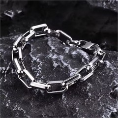 Unisex silver-tone stainless steel bar link chain bracelet, adjustable, 22cm.