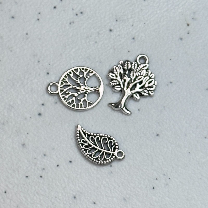 Silver Tone Tree of life leaf leaves Bracelet Charms Pendant set 3 1583-8a gallery
