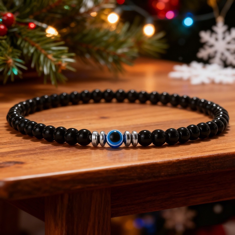Evil Eye Black Tourmaline Stretch Bracelet 4mm Round Gemstone Beaded Jewelry