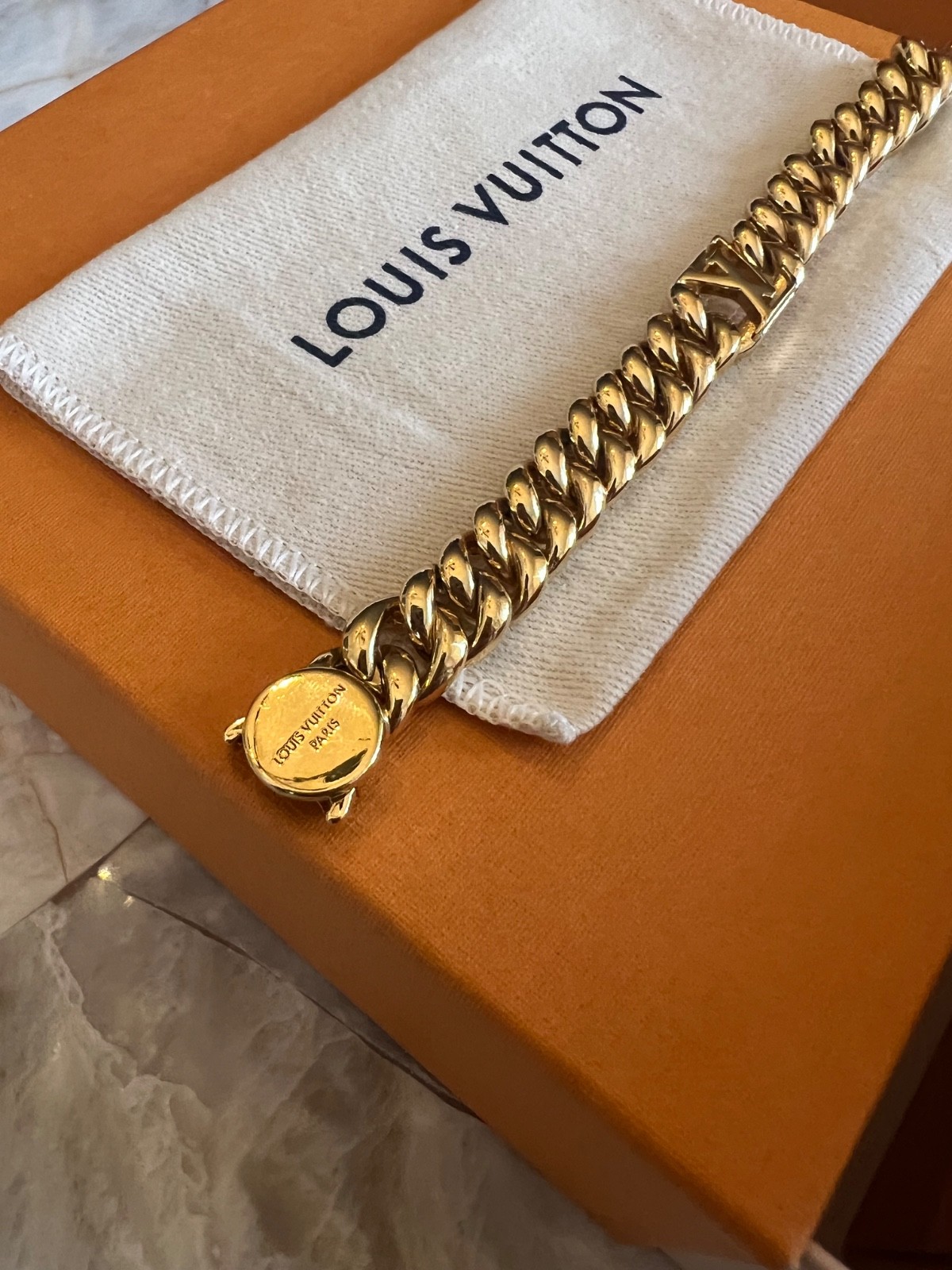 Authentic Louis Vuitton Gold Curb Chain Bracelet with LV Center Link gallery