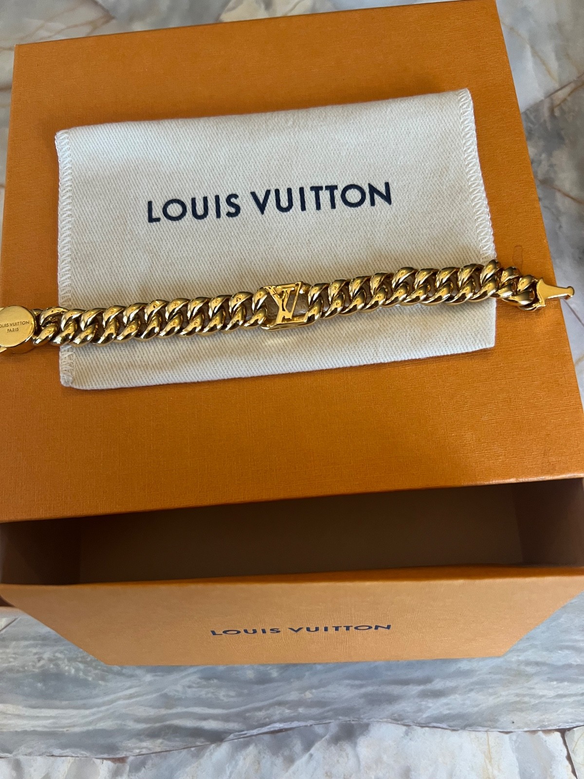 Authentic Louis Vuitton Gold Curb Chain Bracelet with LV Center Link gallery