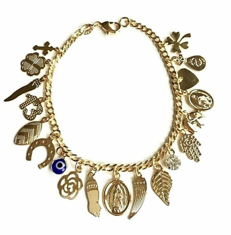 14K GOLD FILLED CHARM BRACELET MONEY ,LUCK 7.5” LONG/PULSERA DE BUENA SUERTE-B48 gallery