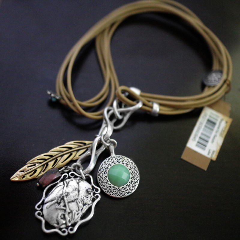 NWT LUCKY BRAND Leather Necklace Bird Feather and medallion Pendant NEW $45 gallery