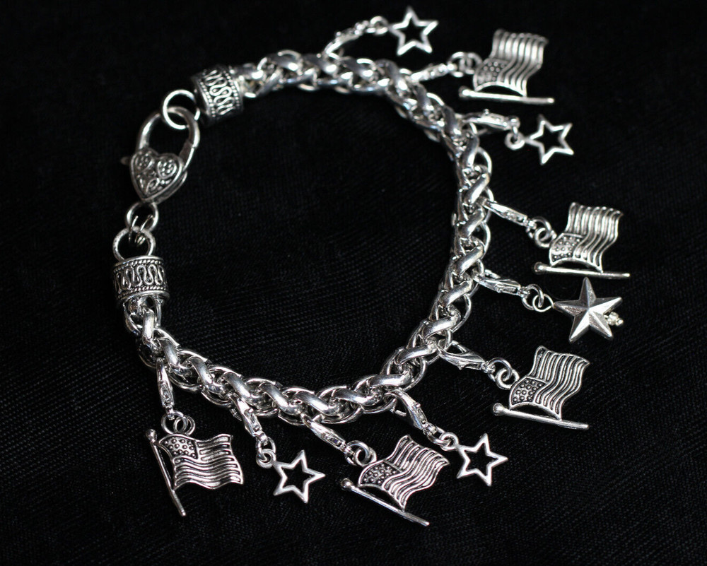 Fourth Themed Charm Bracelet Silver Pewter Charms 8" Interchangeable 4 July USA