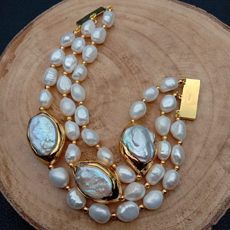 8'' 3 Rows Cultured White Baroque Pearl White Keshi Pearl Bracelet gallery