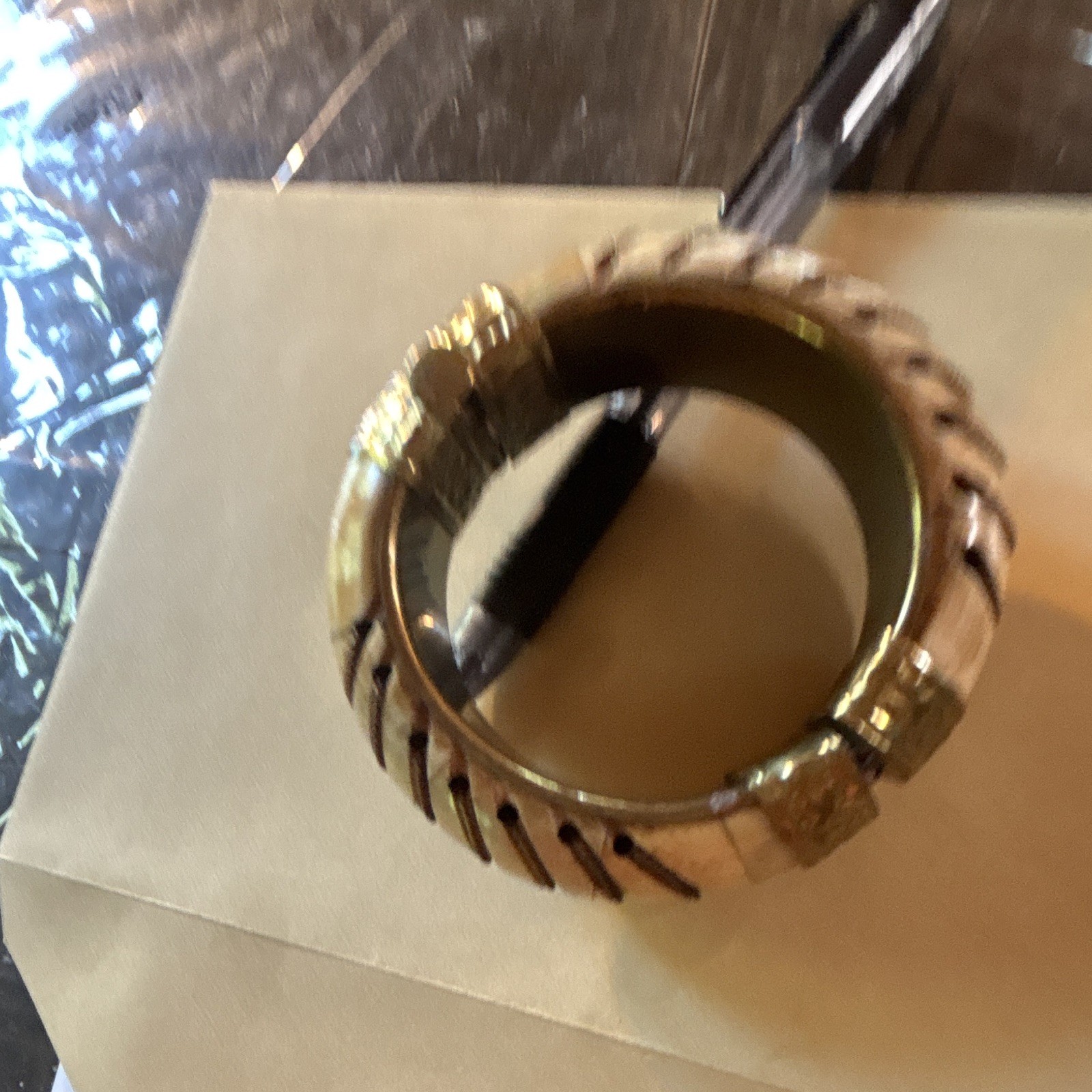 Wrapped Stitch Detail ivory Round Bangle Bracelet GoldTone Accents Beige. gallery