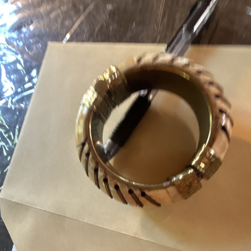 Wrapped Stitch Detail ivory Round Bangle Bracelet GoldTone Accents Beige. gallery