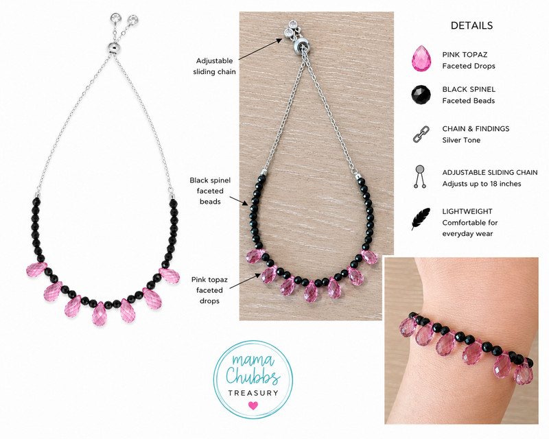 Handmade Pink Topaz & Black Spinel Bracelet | Adjustable Silver Tone Gemstone gallery
