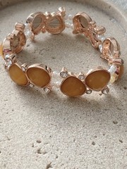 Rose Gold Tone Stretch Bracelet With Peachy Apricot Faceted Beads Rhinestone
