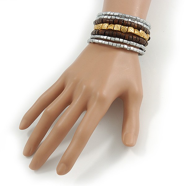 Multistrand Beaded Coiled Flex Bracelet in Silver, Brown, Gold - Adjustable gallery