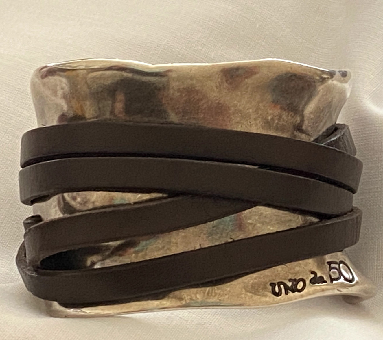 Uno De 50 ~ Silver Plated Cuff Rectangular Wide Wrapped Leather Strap Bracelet gallery
