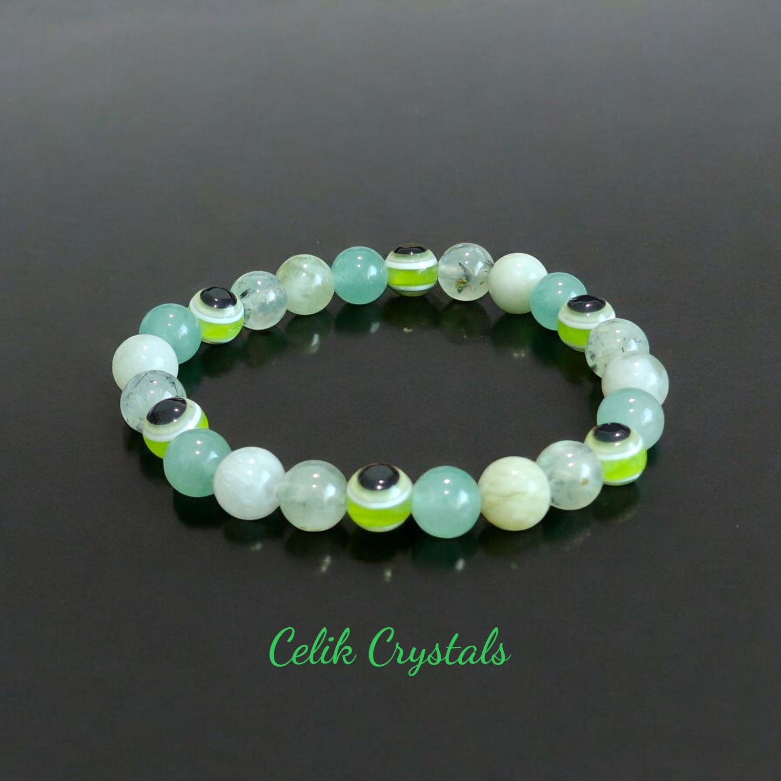 Evil Eye Bracelet - Prehnite, Green Aventurine, Serpentine Bracelet 8mm Natural gallery
