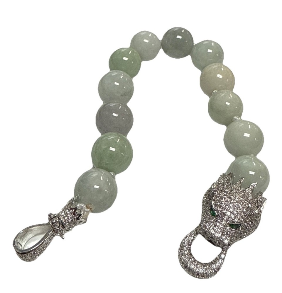 SJ PEARL DESIGNER JADEITE BEADED LUXURY BRACELET W/ DRAGON CLASP PAVÈ CRYSTAL