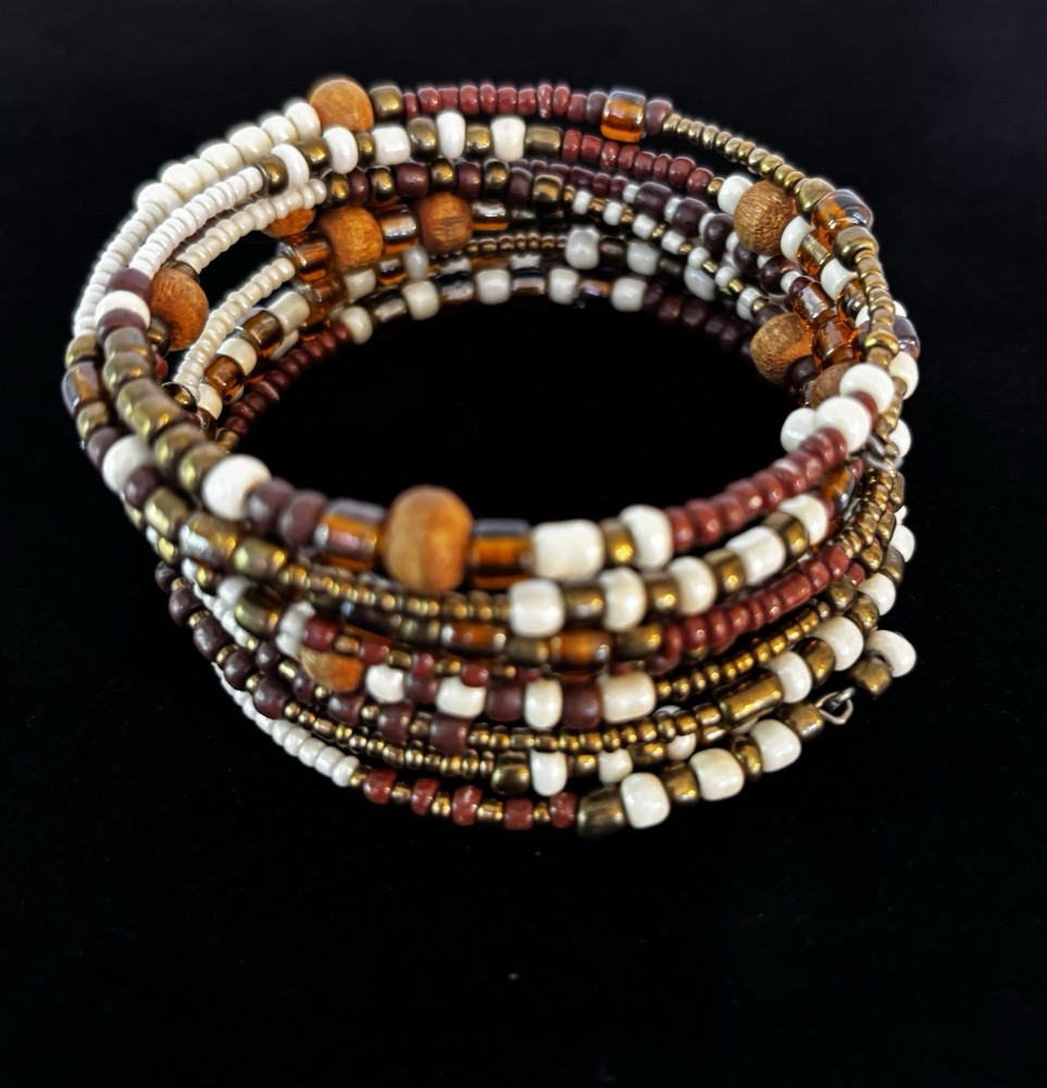 Multicolor Multi-Strand Wrap Beaded Bracelet Glass Wood Metal, No Clasp