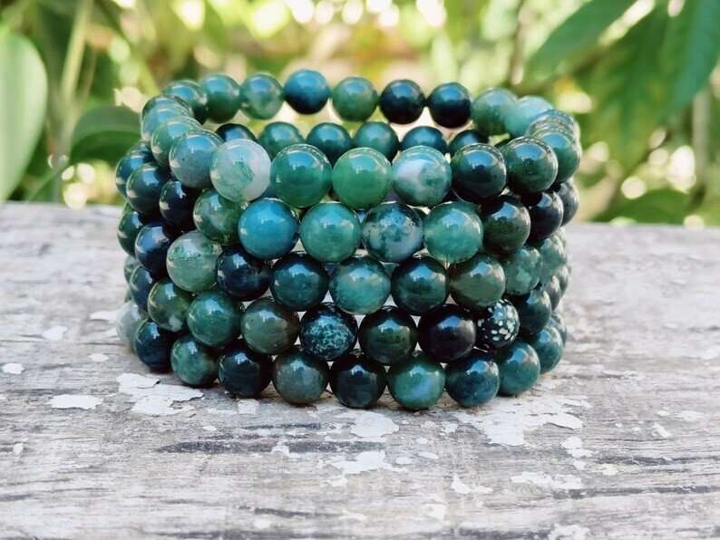 Wholesale 5 Pcs Natural Moss Agate 8mm 6.7" Crystal Healing Stretch Bracelet