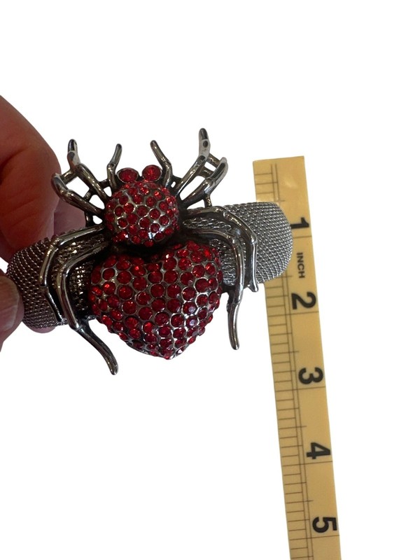 Spider Design Cuff Bracelet With Red Rhinestones & Silver Mesh Band gallery