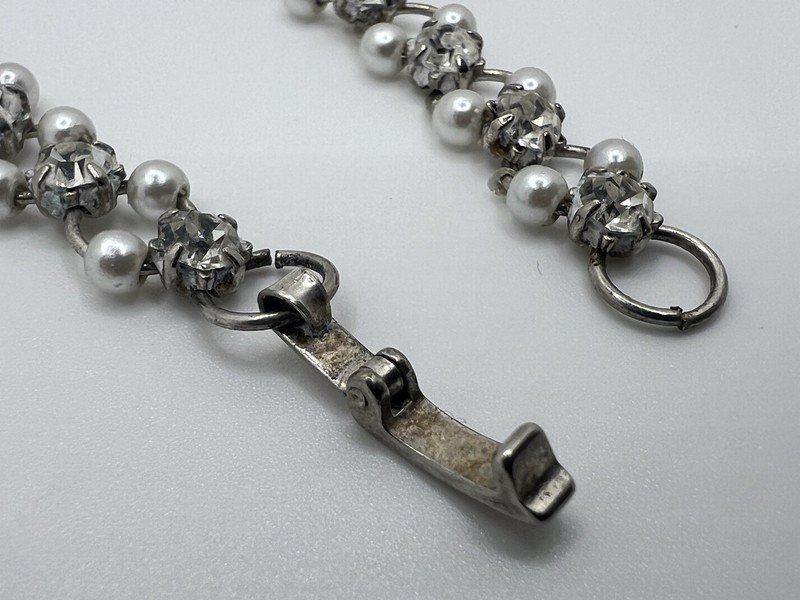 Vintage Silver Tone Double Row Faux Pearl Rhinestone Bracelet Fold-Over Clasp gallery