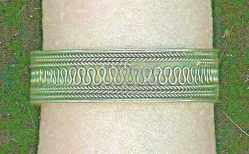 Silver Bangle Bracelet Scrolled 1 oz 2 3/8" across 6 1/2" L 5/8" W Bends to Fit gallery