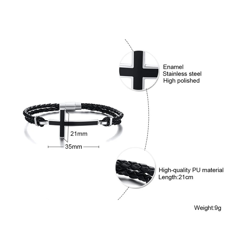 Men Gifts Casual Sideways Cross Charm Black Braided Leather Rope Women Bracelets gallery