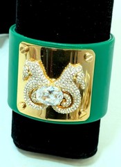 Gorgeous Faux Green Leather Rhinestone Seahorse Cuff Bracelet
