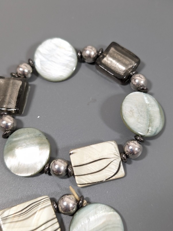 Set of 2 Gray Dichroic Glass Square Round Shell Stretch Bracelets Boho Coastal gallery