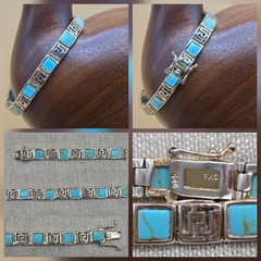 FAS Sterling Silver 925 Turquoise Link Filigree Bracelet Double Safety Lock