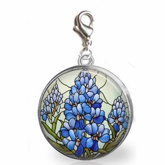 Texas State Flower Bluebonnets Clip On Charm Dangle Silver Setting Glass Dome