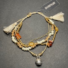 Avenue Womens Multi-Strand Beaded Bracelet Gold Cream Stone Tassels Bell Charm