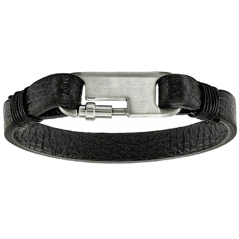 Stainless Steel Brushed Black Genuine Leather 8in Bracelet gallery