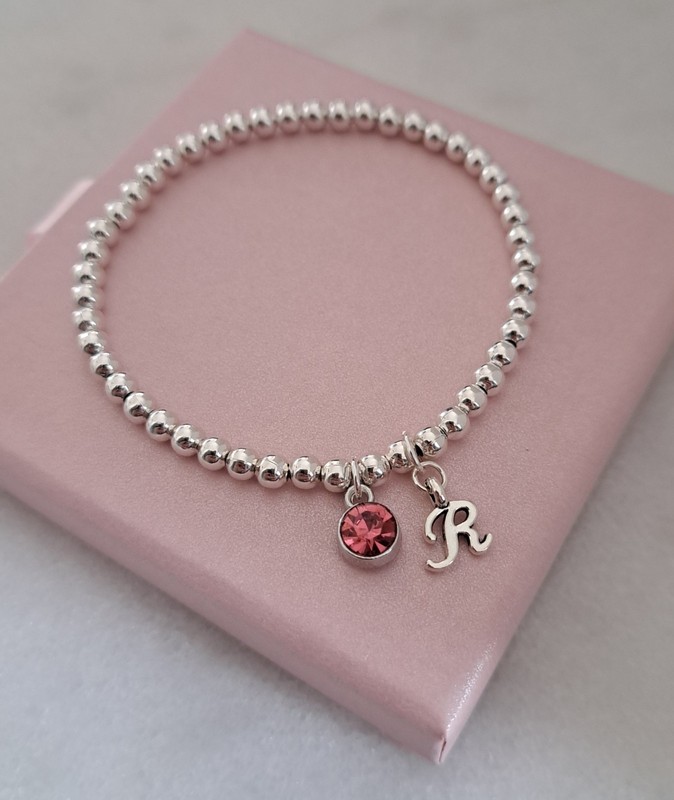 Personalised Initial Birthstone Silver Beaded Stretch Bracelet Birthday Gift gallery