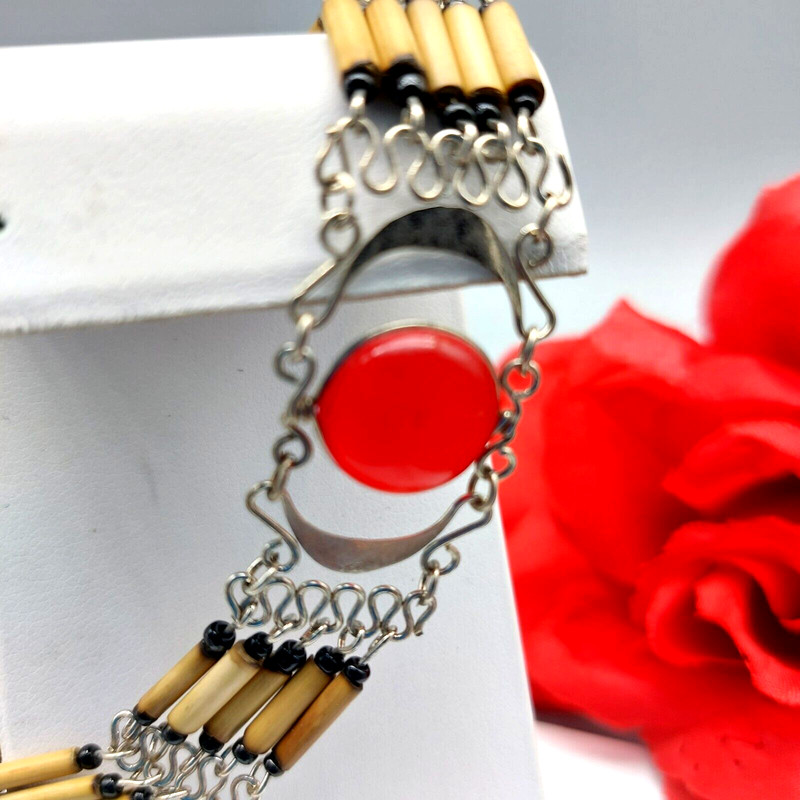 Awesome Light Weight Native Look Bracelet Red Bead Brown Wood (?) Bars S Hook 8" gallery