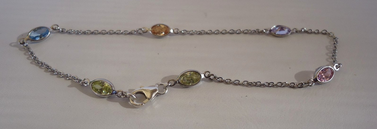 925 STERLING SILVER LADIES ANKLE BRACELET W/ MULTI-COLOR STONES 10'' LONG gallery