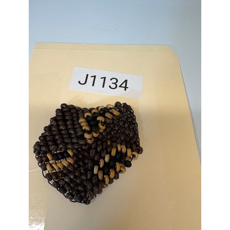Handmade Wood Bead Stretch Cuff Bracelet Brown Heart Motif Wide Boho gallery