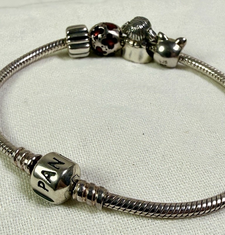 Pandora 7.9" Bracelet 20cm w Pig, Girl, Butterfly Bead & Clip All .925 Silver gallery