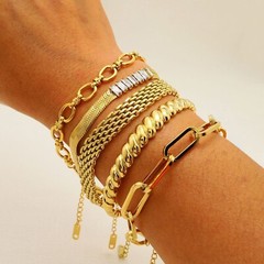 Woman 18k Gold Plated Rolo Link Simulated CZ Snake Chain Mesh Bangle Bracelet