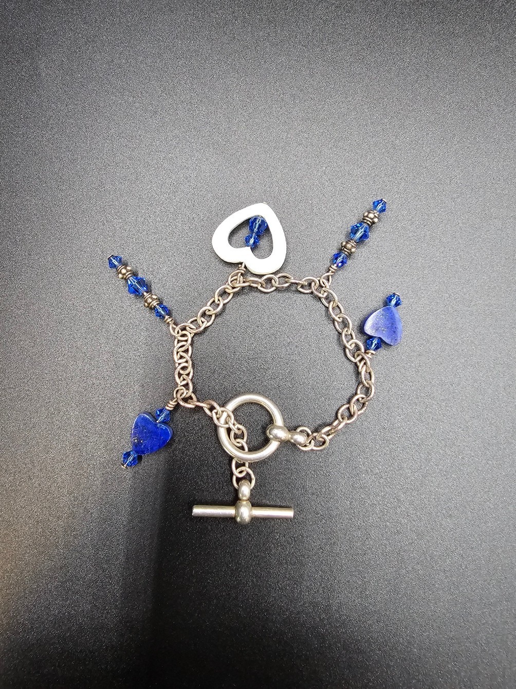 Blue Heart Charm Bracelet Silver Tone Toggle Clasp Beaded Artisan Handmade 7.5" gallery