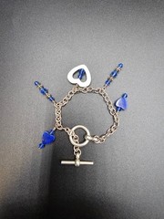 Blue Heart Charm Bracelet Silver Tone Toggle Clasp Beaded Artisan Handmade 7.5″