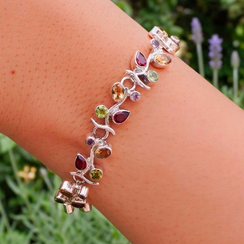 925 Sterling Silver Natural Multi Gemstone Vine Bracelet Cluster Jewelry gallery