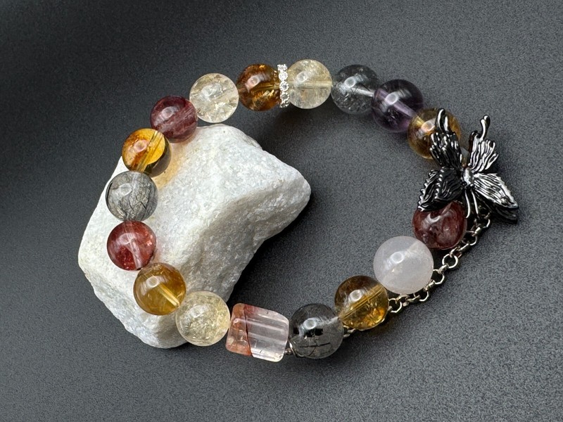Handcrafted Natural Crystal Bracelet MultiColored Quartz with Resin Flowers gallery
