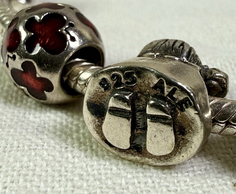 Pandora 7.9" Bracelet 20cm w Pig, Girl, Butterfly Bead & Clip All .925 Silver gallery