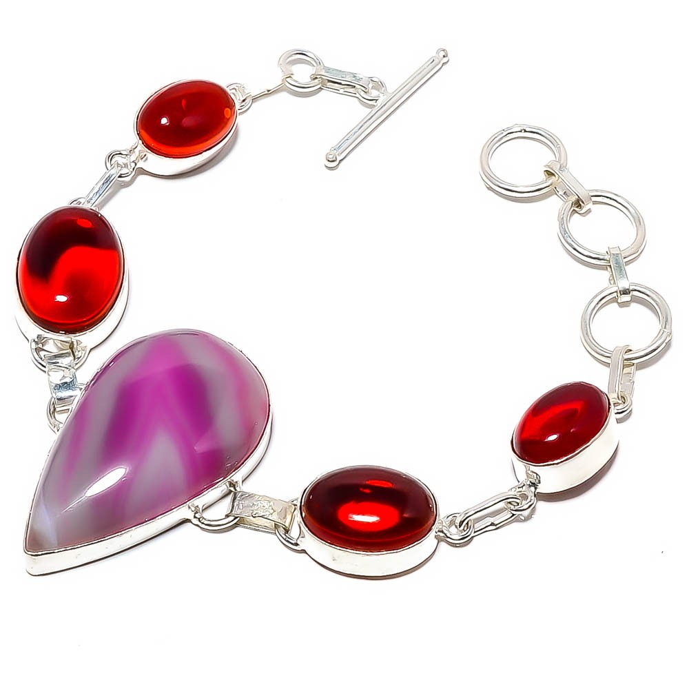 Natural Pink Botswana Agate & Garnet 925 Silver Plated Bracelet 7.99" TB431626