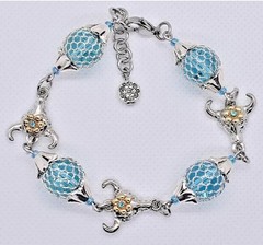 Handmade Bullhead Bracelet Rhodium Plated Blue Crystal Caged Beads Adjustable