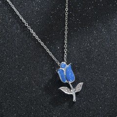 ROSE BLUE crystal FLOWER charm Sterling Silver 925 20″ dainty 1.3mm chain TULIP