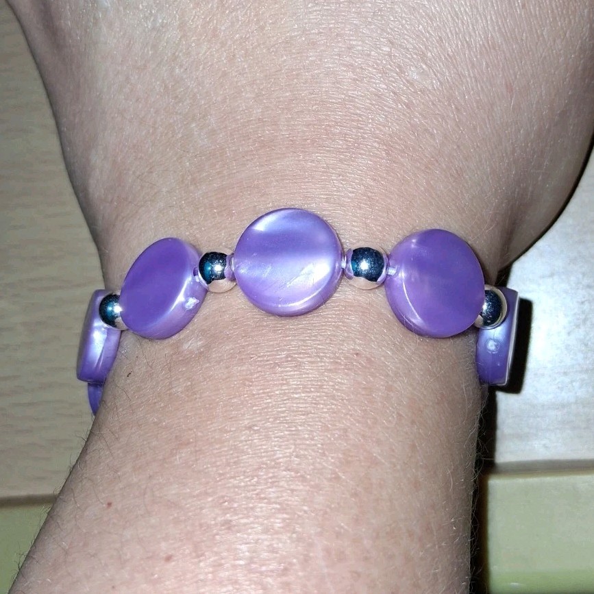 Purple Round Beaded Stretch Bracelet with Silver-Tone Spacer Beads No Clasp gallery