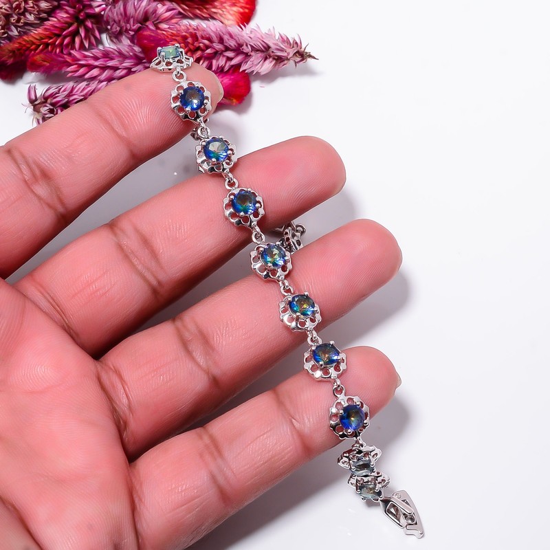 Rainbow Mystic Fire Topaz 925 Sterling Silver Adjustable Bracelet 7-8" B13042 gallery